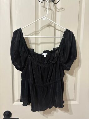 love, Fire Black Pleated Puff-Sleeve Square Neck Blouse